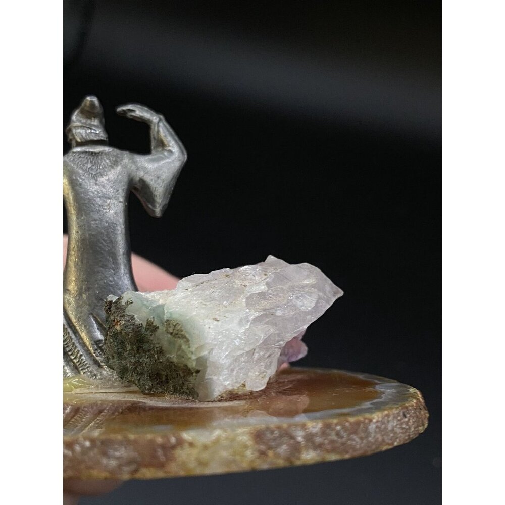 Pewter Wizard Mounted on a Sliced Geode Agate Figurine Crystal Ball - Picture 3 of 12